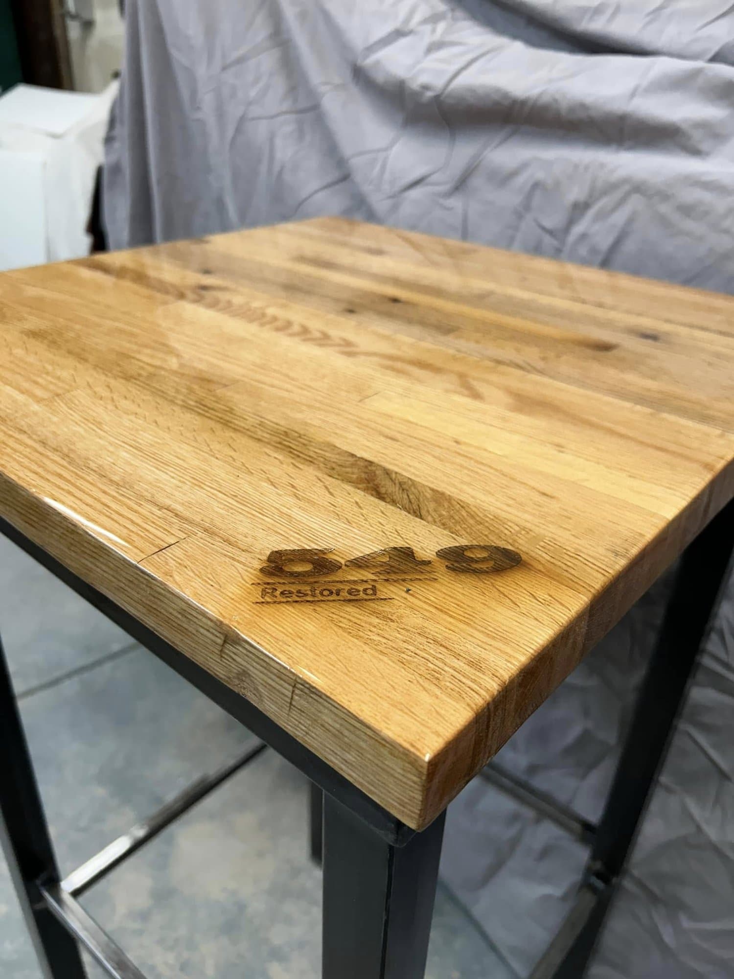 Oak bar table with 549 Restored brand